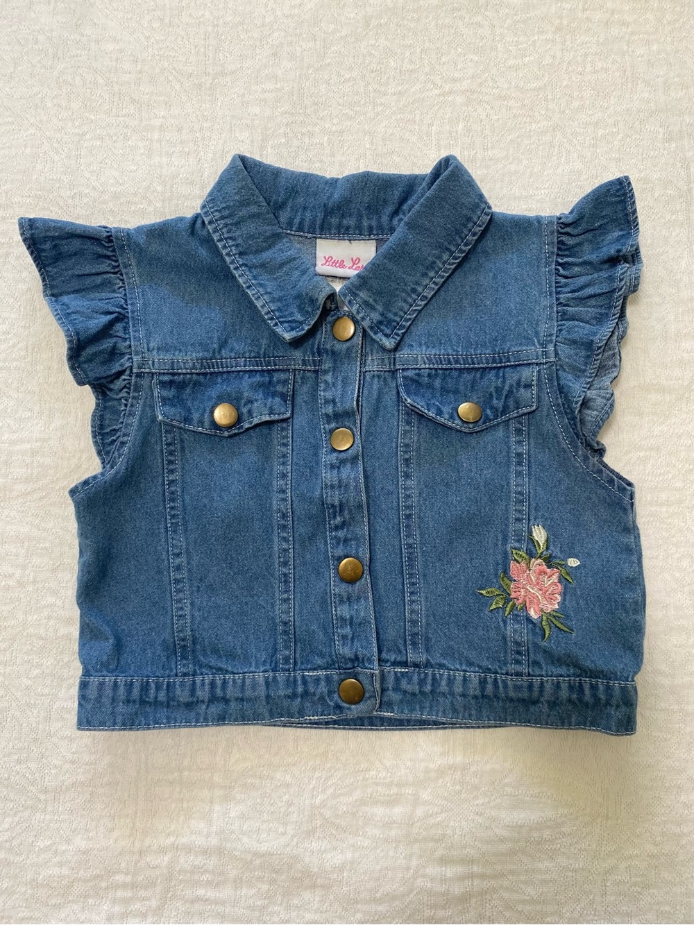 Little Lass Girls Sz 7 Embroidered Denim Vest Ruffle Cap Sleeve Snap Front